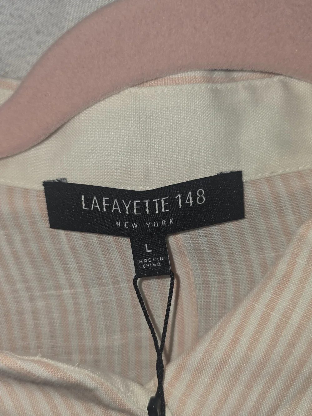 LAFAYETTE 148 NEW YORK ROSE QUARTZ STRIPED 100% LINEN BUTTON DOWN BLOUSE NWT LG - Picture 6 of 10